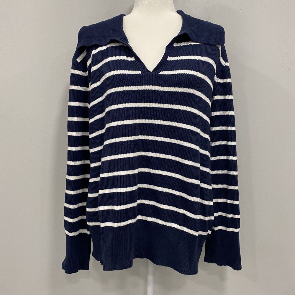 New DG2 Women's M Navy White Striped Johnny Collar Rugby Sweater Preppy Heritage